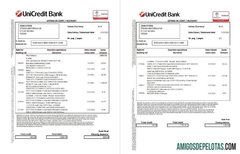 Romania UniCredit Bank 2 Pages Excel Pdf modelo